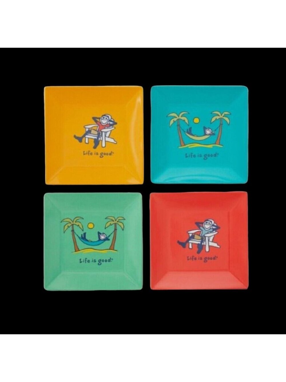 Life Is Good Melamine Square Plates Set of 4 - 6" x 6" - Brand New
